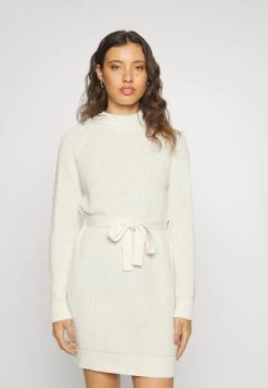 Even&Odd Crew Ausschnitt Ripp Mini Strickkleid Mit Gürtel - Robe Fourreau - White